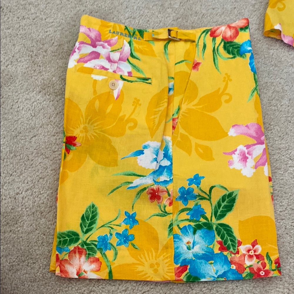 Vintage Ralph Lauren linen floral Yellow high-waisted shorts and top, S - Picture 11 of 15